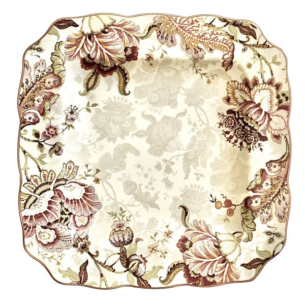 3 square dinner PLATES / 222 FIFTH Gabrielle fine china / burgundy red brown cream gray / boho bohemian flower floral / vintage replacement