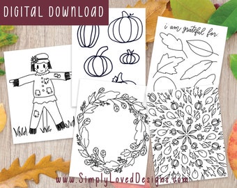 Fall Coloring Pages for Kids, Autumn & Thanksgiving Printable Activity Pages Hand-drawn Instant Downloads