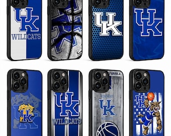May include: Eight smartphone cases featuring University of Kentucky Wildcats branding. Designs include the UK logo, basketball graphics, a mascot, and team text on blue, white, and grey backgrounds. Each case has a black frame and camera cutout.