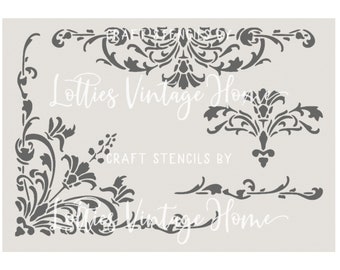 Può includere: Uno stencil grigio con un motivo floreale. Lo stencil è per l'artigianato e ha il testo "Lotties Vintage Home" e "CRAFT STENCILS BY Lotties Vintage Home".