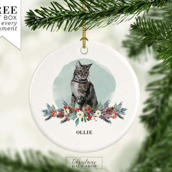 Cat Ornament Personalized Ceramic Christmas Ornament Brown Gray Tabby Cat Mom Cat Dad Pet Keepsake Christmas Gift With Christmas Floral