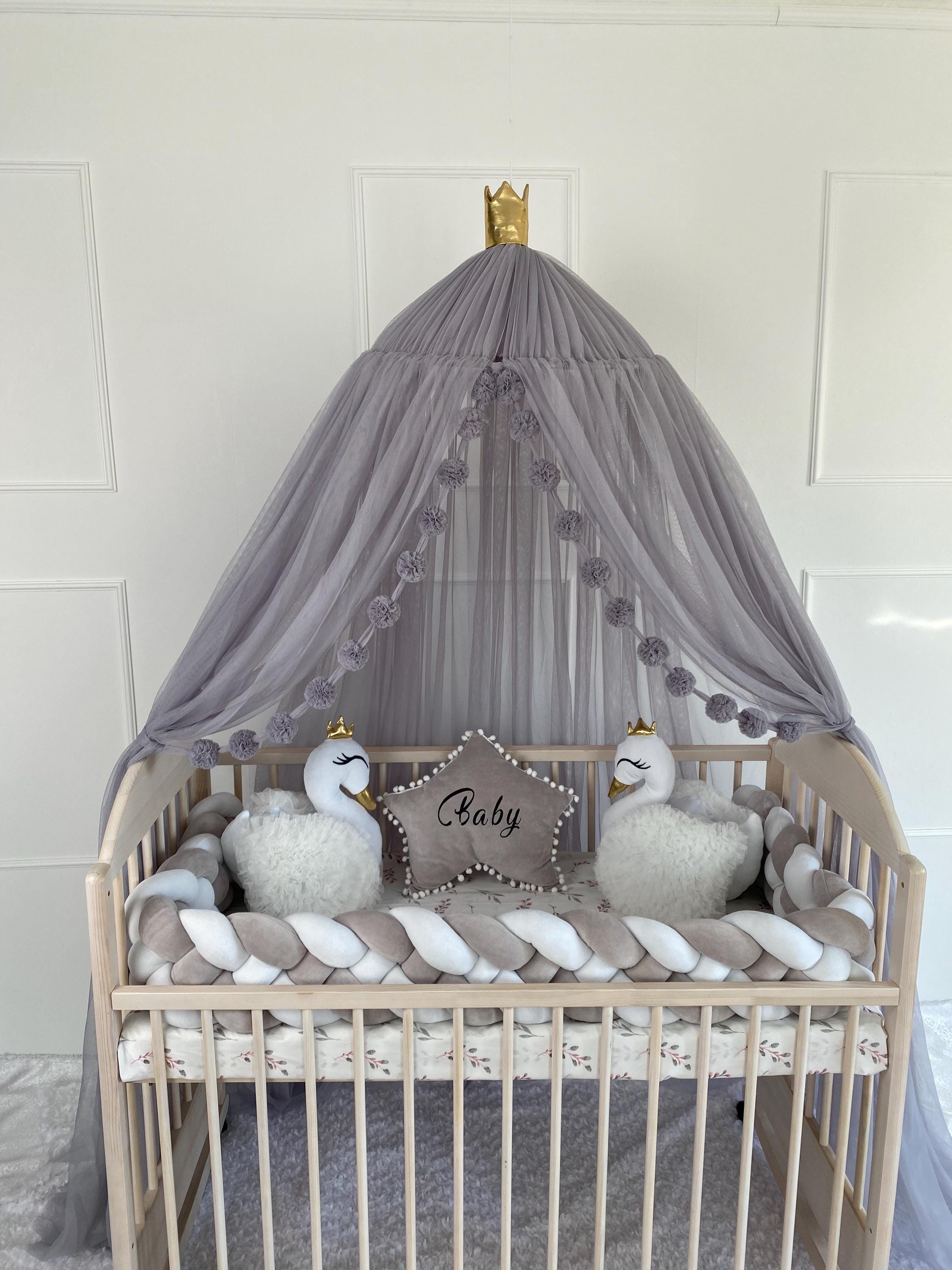 Grey Crib With Canopy White Tulle Canopy, Baby Bed Baldachine