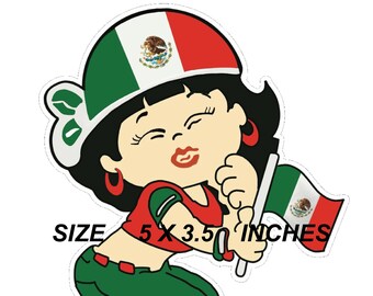 Mexico Flag Sticker Decal, Mexican Girl, Car, Desktop, Bandera de Mexico, 5." X 3.5 Inches
