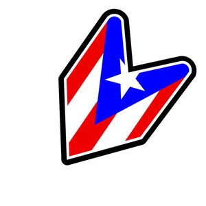 May include: A red, white, and blue arrow-shaped sticker with a white star in the center. The sticker features the colors and design of the Puerto Rican flag.