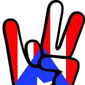 May include: A hand gesture in the shape of a peace sign, with the colors of the Puerto Rican flag. The hand is red, white, and blue, with a white star in the center.