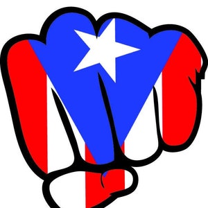 May include: A stylized fist with the colors of the Puerto Rican flag. The fist is red, white, and blue with a white star in the center.