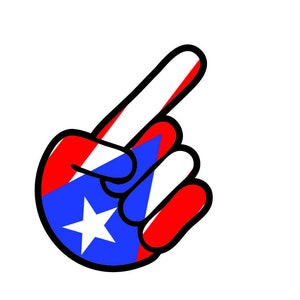 May include: A foam hand in the shape of a hand with the index finger pointing up. The hand is colored with the flag of Puerto Rico, featuring red and white stripes, a blue triangle, and a white star.