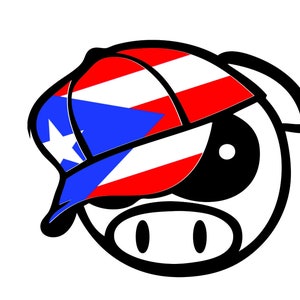 May include: A cartoon pig wearing a red, white, and blue baseball cap with a star on the front. The cap is a representation of the Puerto Rican flag.