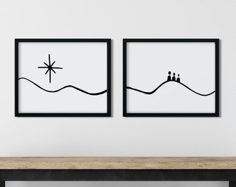 Minimalist Christmas Printable Art Set of 2, Christmas Star, Wise Men Wall Decor, Black and White Minimalist Wall Art, Christmas Decor