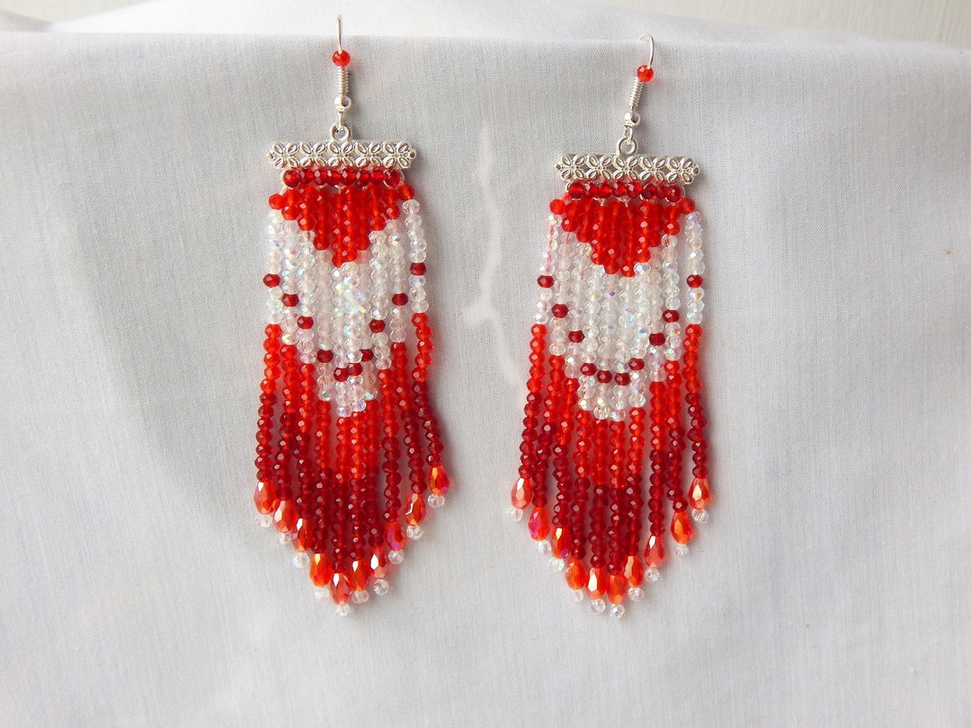 Seed Bead Tassel Earrings Large Floral Dangle Earrings Etsy