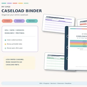May include: A digital My Sped Caseload Binder organizer featuring 53 pages, editable and printable templates, color-coded sections, and bonus tabs. Includes layouts for IEP meeting prep, goal progress logs, and weekly schedules with a clean layout.