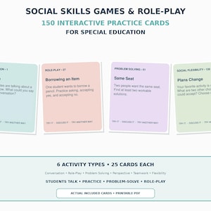 Op de afbeelding: Een set van 150 interactieve oefenkaarten voor sociale vaardigheden en rollenspellen in het speciaal onderwijs. De kaarten zijn kleurgecodeerd in lichtblauw, roze, paars en groen, met opdrachten voor gesprekken, rollenspellen en probleemoplossing.