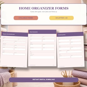 Puede incluir: Un conjunto de seis formularios rellenables de organización del hogar en tamaños US Letter y A4. Los documentos presentan encabezados morados con títulos que incluyen Organizer Client Questionnaire, Room Assessment y Decluttering Goals.