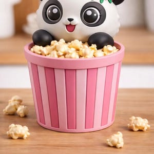 Può includere: Una stravagante statuina a forma di panda sbuca da un secchio di popcorn a righe rosa e bianche. Il panda ha orecchie, occhi e zampe neri, con un copricapo floreale. Chicchi di popcorn sono sparsi sulla superficie di legno.