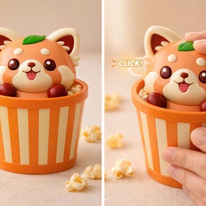 Puede incluir: Un recipiente de palomitas de maíz a rayas naranjas y blancas con una figura de panda rojo de dibujos animados. El panda tiene una cara sonriente, ojos grandes y está rodeado de palomitas de maíz. La palabra "CLICK!" es visible.