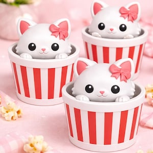 Op de afbeelding: Drie witte kattenbeeldjes met roze strikken en oren kijken uit rood-wit gestreepte bakjes. De katten hebben zwarte ogen en roze neuzen. De achtergrond is roze met popcorn en een roze geruit doek.