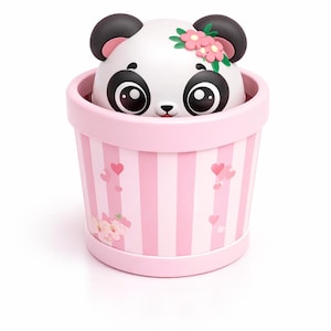 Può includere: Una simpatica statuina a forma di panda con orecchie e occhi neri, con una corona floreale, sbuca da un vaso a righe rosa e bianche. Il vaso è decorato con cuori e fiori, creando un design affascinante e stravagante.