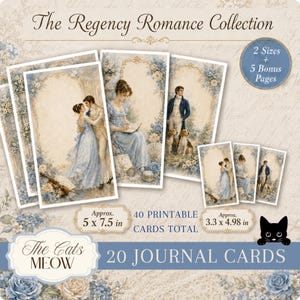 May include: The Regency Romance Collection features 40 printable journal cards in two sizes, approximately 5 x 7.5 inches and 3.3 x 4.98 inches. The cards display vintage-style illustrations of couples and individuals in period attire with floral accents.