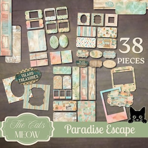 May include: A set of 38 paper craft pieces with a tropical theme. Includes frames, tags, and decorative elements in pastel colours, with the text "Island Treasures", "Aloha", "Paradise Escape", and "The Cats MEOW".