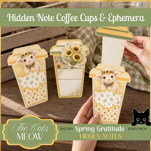 Spring Gratitude Hidden Note Coffee Cups,  Secret Pockets & Fussy Cuts, Junk Journal Ephemera,  Printable Shabby Chic Sunflower, 8.5x11