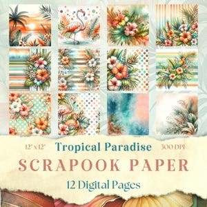12x12 Tropical Scrapbooking, Beach  junk journal kit, floral digital papers pack, Travel Ephemera, 12x12 Paper Craft & Scrapbook Page Pack