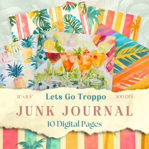 Tropical Watercolor Junk Journal Kit, junk journal kit Hawaii, digital paper, Travel Ephemera, Beach Junk Journal, Scrapbook Page, 11 x 8.5