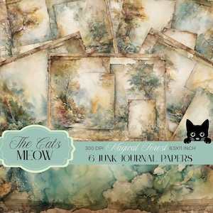 May include: A collection of 6 "Magical Forest" junk journal papers, 8.5x11 inches, with watercolor illustrations of forest scenes. The papers feature a vintage aesthetic with soft greens, browns, and yellows, and the text "The Cats MEOW".