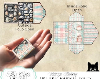 May include: A miniature paper folio titled "MINI MENU" featuring bakery illustrations, including cakes and pastries on a black background. The open folio displays a pink and teal plaid pattern, horizontal stripes, and a tiered cake graphic.