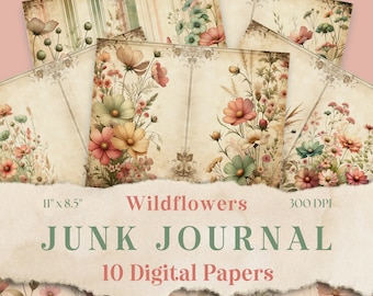 Wildflower Junk Journal Kit, Floral Watercolor Printable Papers for Scrapbooking, Mixed Media, Cardmaking, Instant Download Digital Ephemera