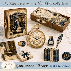 May include: The Regency Romance Matchbox Collection features a gold pocket watch, a blue ink bottle, a quill pen, a signet ring, a stack of letters, a wax seal, and miniature books. The set includes a box labeled The Gentleman's Library.