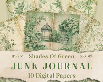 May include: Ten digital papers featuring a variety of green patterns and a vintage image of a gazebo in a garden. The papers are 11 inches by 8.5 inches and 300 DPI.  JUNK JOURNAL 10 Digital Papers.