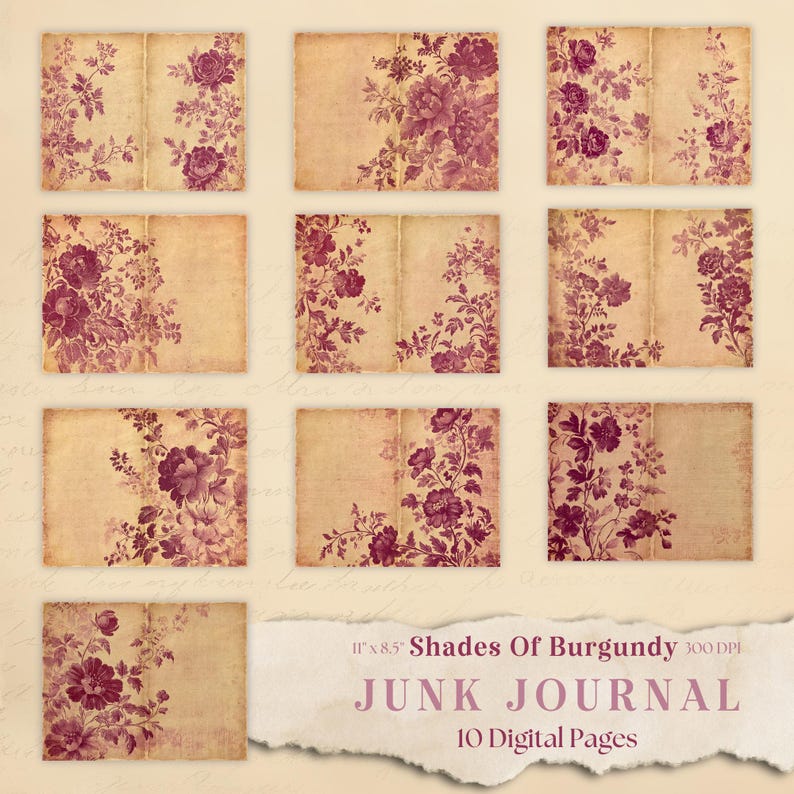 Burgundy Toile Junk Journal Pages: Vintage Floral Paper (digital Paper ...