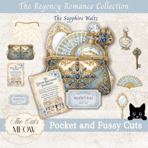 Puede incluir: Una colección de recortes y accesorios de papel de estilo vintage, que incluyen un bolso, frascos de perfume, una llave y un abanico. Los artículos son en tonos de azul, dorado y crema, con el texto "The Regency Romance Collection" y "The Sapphire Waltz".