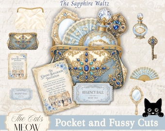 Kit de bolso Illusion, enfeites vintage para diário de recortes estilo Regência, notas secretas, materiais interativos para scrapbook em azul e dourado.