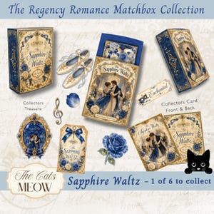 May include: The Regency Romance Matchbox Collection titled The Sapphire Waltz includes a decorative box, ballet slippers, a treble clef, a blue rose, a tag with a blue bow, a framed portrait, a collectors card, and a label reading Enchanted.