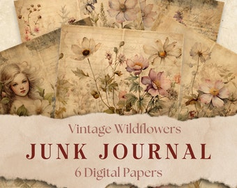 May include: Six digital papers featuring vintage illustrations of wildflowers on a textured, aged paper background. The papers are titled "Vintage Wildflowers Junk Journal 6 Digital Papers".