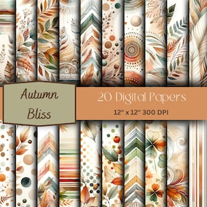 Watercolour Fall Scrapbook paper, Digital Background, Autumn Boho Junk Journal Pages, Scrapbooking Papers, Autumn Printable Paper Pack 12x12