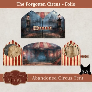 May include: A paper folio titled The Forgotten Circus featuring an illustration of dark iron gates and an abandoned circus tent with red and white stripes. The design includes a small black cat icon and the text The Cats MEOW.