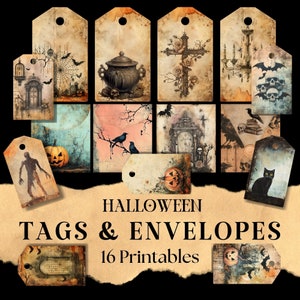 May include: Set of 16 printable Halloween tags and envelopes featuring vintage-inspired designs with spooky imagery like skulls, bats, pumpkins, crows, and a cauldron. The tags and envelopes are perfect for adding a touch of Halloween charm to your gifts and decorations.