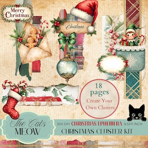 May include: A collage of Christmas-themed ephemera with a vintage aesthetic. Elements include a Santa hat, elf, gingerbread men, candy canes, and a decorative ornament. Text includes "Merry Christmas", "Christmas", and "The Cats MEOW".