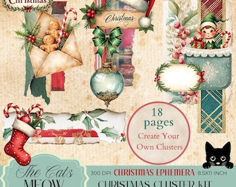 May include: A collage of Christmas-themed ephemera with a vintage aesthetic. Elements include a Santa hat, elf, gingerbread men, candy canes, and a decorative ornament. Text includes "Merry Christmas", "Christmas", and "The Cats MEOW".