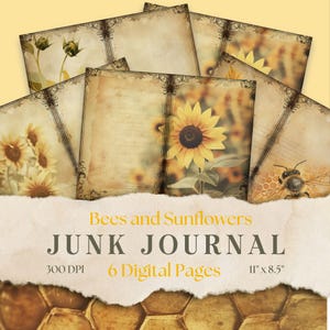 Sunflower & Bee Junk Journal Kit, Beekeeper Digital Pages, Vintage Printable Papers, Cottagecore, Ephemera Scrapbook Paper Craft 11 x 8.5