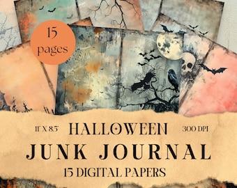 May include: 15 digital papers for junk journaling with a Halloween theme. The papers feature a variety of spooky designs, including bats, crows, skulls, and a full moon. The papers are 11 inches by 8.5 inches and 300 DPI.