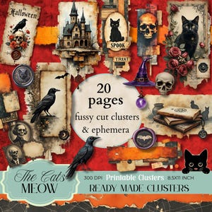 Könnte beinhalten: Eine Collage mit Halloween-Thema auf einem rot-orangen Hintergrund. Das Design umfasst Bilder von schwarzen Katzen, Raben, Totenköpfen, einem Hexenhut und Vintage-Etiketten. Der Text enthält "Halloween", "Spook", "Treat" und "The Cats Meow".