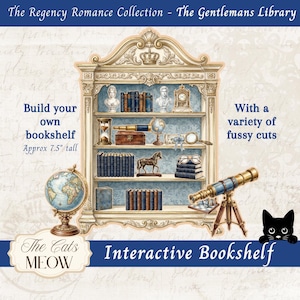Può includere: Immagine di una libreria interattiva con il testo "The Regency Romance Collection - The Gentlemans Library." La libreria è alta circa 19 cm e presenta vari ritagli intricati, tra cui libri, un mappamondo e un telescopio. The Cats MEOW.