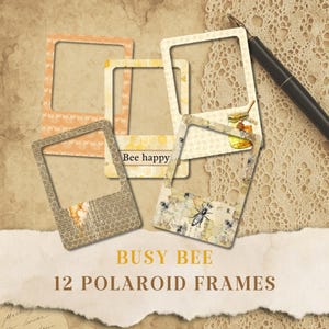 Puede incluir: Un conjunto de 12 marcos Polaroid con temática de abeja ocupada. Los marcos presentan varios diseños, incluyendo panales, abejas y la frase "Bee happy". Los marcos son en tonos beige, amarillo y naranja.