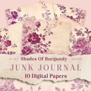 Carta per diario spazzatura Toile Borgogna, Diario spazzatura vintage Toile De Jouy, Carta cineseria floreale, Mestiere con la carta digitale, Foglio collage 11 x 8,5