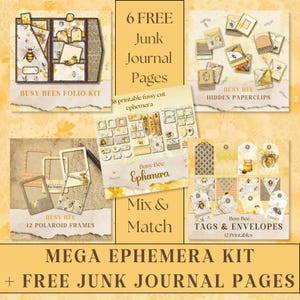 Bee Mega Ephemera Kit, Folio, Hidden Paperclips, Printable Pockets, Envelopes and Tags, Collage Sheet 11 x 8.5 + FREE Junk Journal Pages