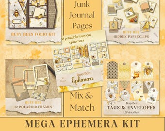 Bee Junk Journal Kit, Printable Folio, Tags, Pockets, Hidden Paperclips, DIY Journal Elements, + Freebie (Digital Download), Print At Home