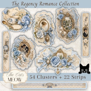 May include: A digital scrapbooking kit titled The Regency Romance Collection featuring 54 clusters and 22 strips. The designs include ornate gold frames, blue roses, lace, ribbons, teacups, and portraits of people in historical attire.